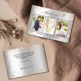 Wedding silver photo gold heart script elegant サンキューカード