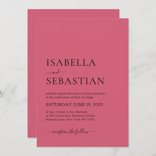 Wedding Simple Modern Pale Violet Red 招待状 (正面/裏面)