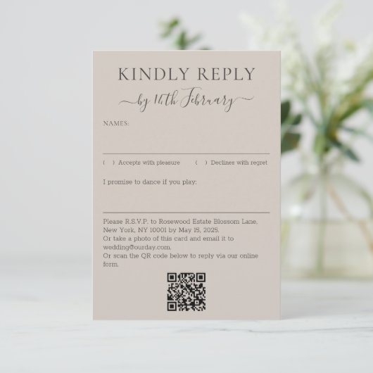 Wedding Soft Beige Signature QR Code Kindly Reply 出欠カード (スタンド正面)