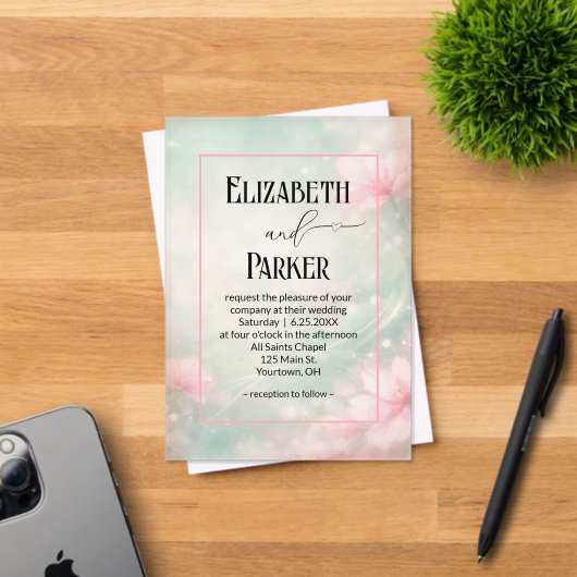 Wedding Soft Pink Flowers on Mint Green アクリル招待状 (インサイチュ (招待状))