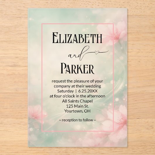 Wedding Soft Pink Flowers on Mint Green アクリル招待状 (正面)