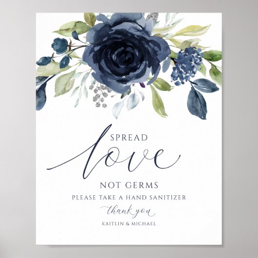 Wedding Spread Love Not Germs Sign Navy Floral ポスター (正面)