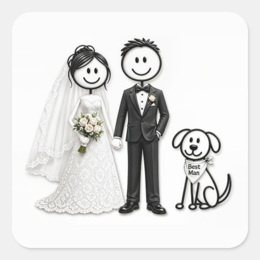 Wedding Stick Figures with Best Man Dog スクエアシール (正面)