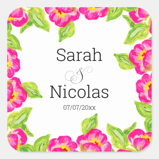 Wedding stickers personalized floral スクエアシール (正面)