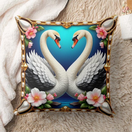 Wedding Swans Framed with Gold and Blossoms クッション (ブランケット)