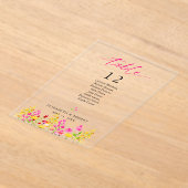 Wedding Table Number Sign Floral Pink Script アクリル招待状 (レイダウン)