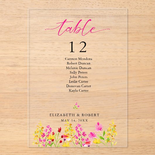 Wedding Table Number Sign Floral Pink Script アクリル招待状 (正面)