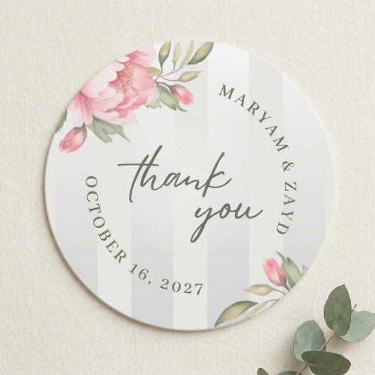 Wedding Thank You Favor | Blush Peony Grey Stripe ラウンドシール