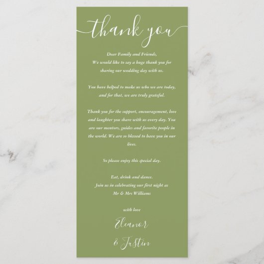 Wedding Thank You Moss Green Place Card メニュー (正面)