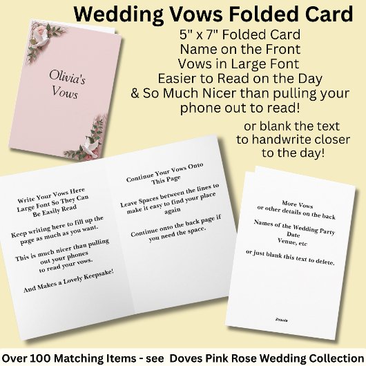Wedding Vows Folded Card Pink Roses & Doves カード