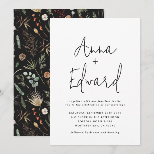Wedding watercolor botanical floral black modern 招待状 (正面/裏面)