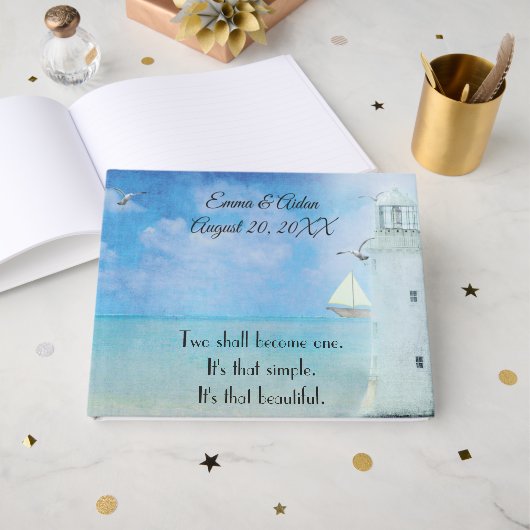 Wedding Watercolor Lighthouse With Seagulls ゲストブック (正面見開き)