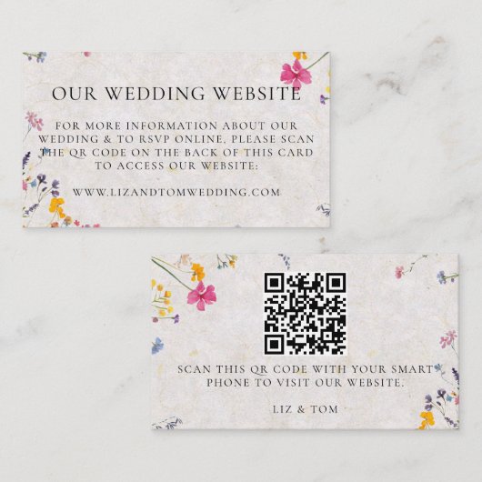 Wedding Website QR Code Wildflower Garden Blush エンクロージャーカード (正面/裏面)