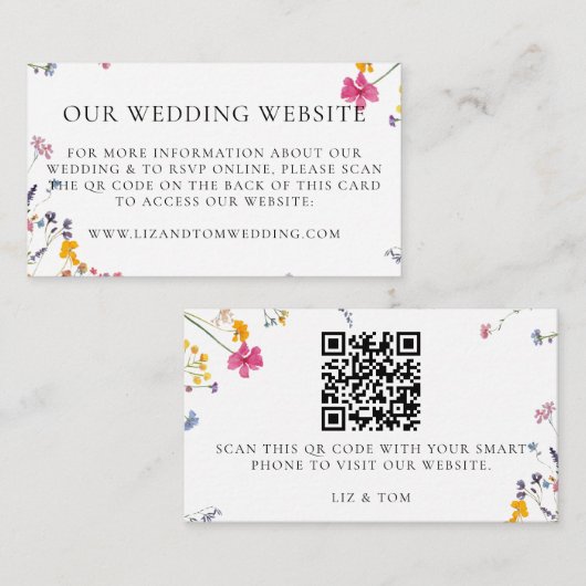 Wedding Website QR Code Wildflower Garden White エンクロージャーカード (正面/裏面)