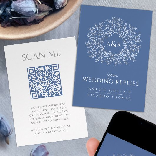 Wedding website Scan QR code monogram blue white エンクロージャーカード