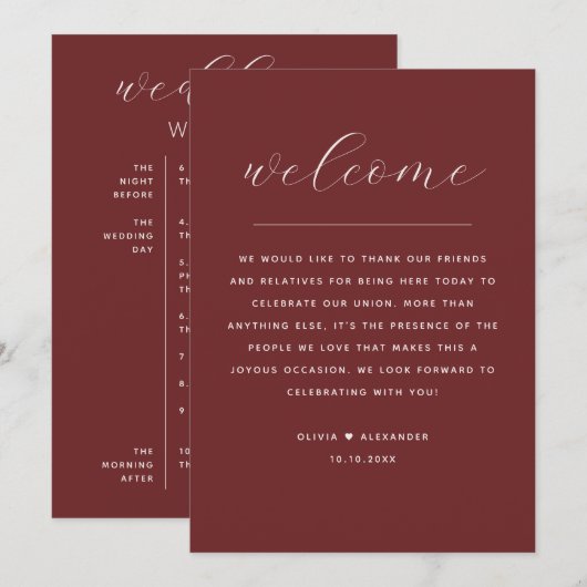 Wedding Weekend Itinerary | Deep Wine Red Timeline 招待状 (正面/裏面)