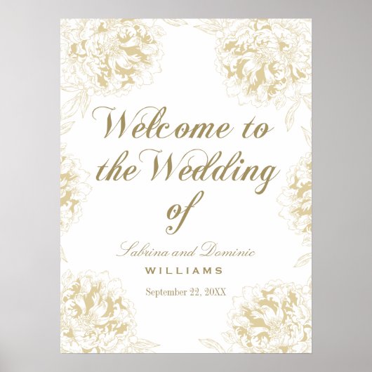 Wedding Welcome Gold Elegant Peony Floral ポスター (正面)
