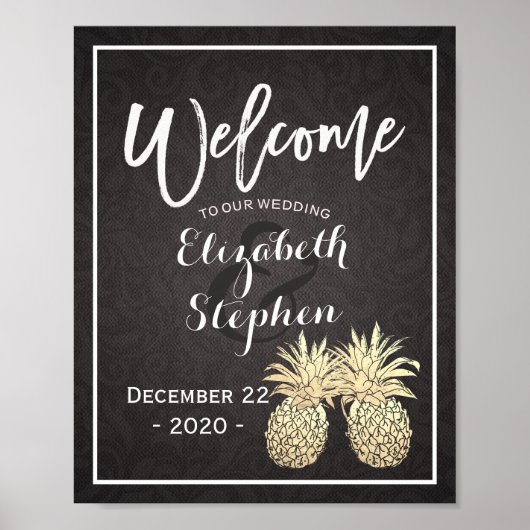Wedding Welcome Poster in Black Gold with Pineappl ポスター (正面)
