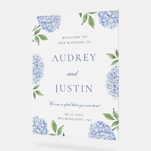Wedding Welcome Sign, Classic Blue Hydrangea アクリルサイン (傾斜)