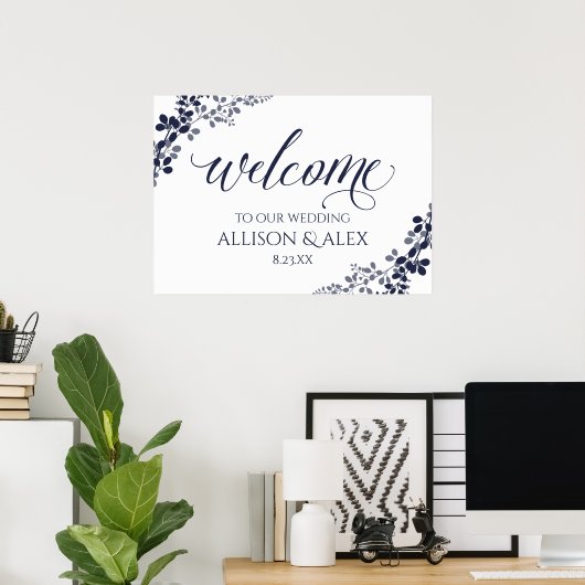Wedding Welcome Sign | Navy & Dusty Blue Vines ポスター (ホームオフィス)