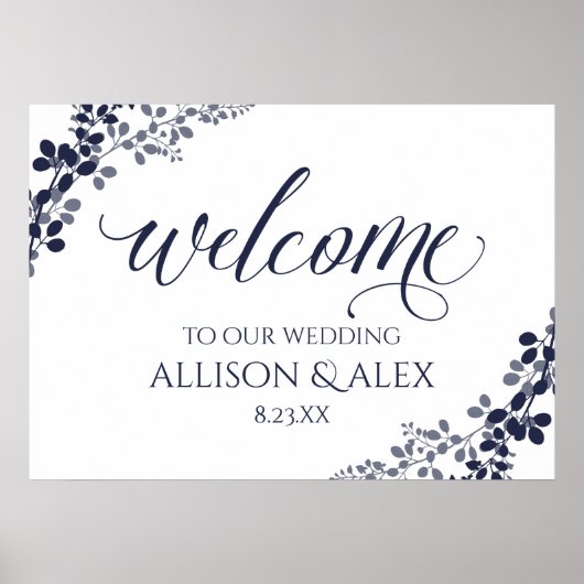 Wedding Welcome Sign | Navy & Dusty Blue Vines ポスター (正面)