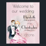 Wedding Welcome Vintage Wedding Couple ポスター<br><div class="desc">A retro style vintage "welcome to our wedding" poster. Personalize with your date and names.
An elegant illustration set on a pink background with faded pink roses. A fancy wedding couple illustration in a loving embrace painted with watercolors. Chic and classy with a shabby old fashioned flair.</div>