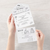 Wedding Whimsical Doodles Grey and White オールインワン招待状 (貼ってはがせる)