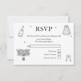 Wedding Whimsical Doodles Grey and White 出欠カード