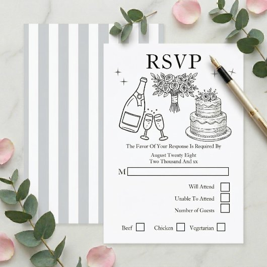 Wedding Whimsical Doodles Grey and White 出欠カード