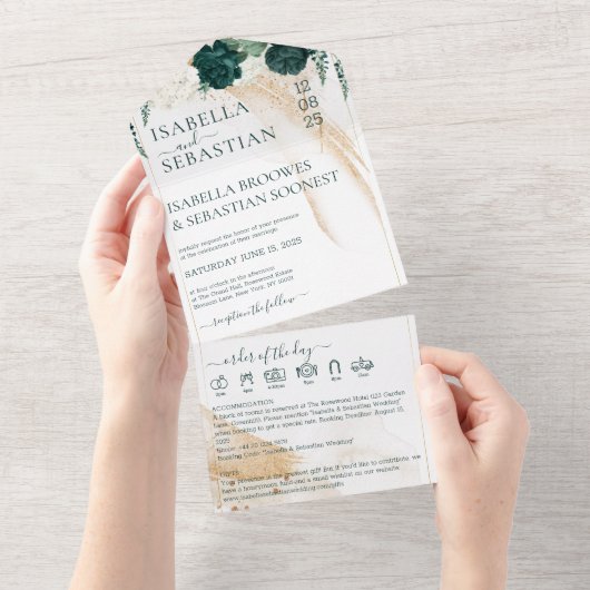 Wedding White All in save the date Emerald Green オールインワン招待状 (貼ってはがせる)