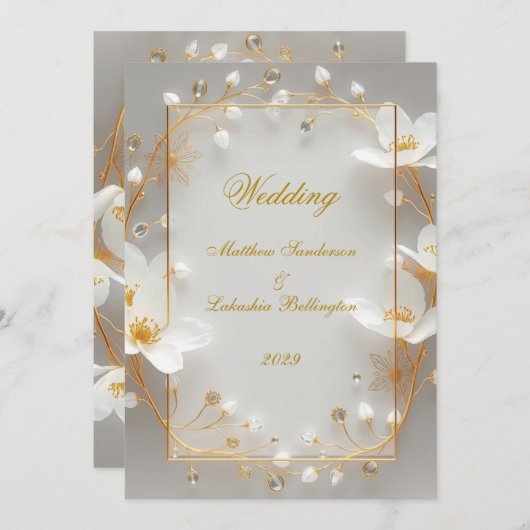 Wedding White Gold Modern Sophisticated Classy 招待状 (正面/裏面)