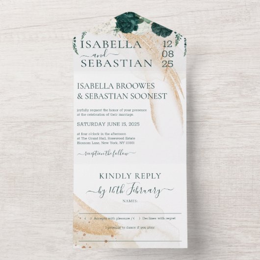Wedding White Kindly Reply Emerald Green Rose オールインワン招待状 (内側)