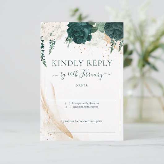 Wedding White Signature Emerald Green Rose 出欠カード (スタンド正面)