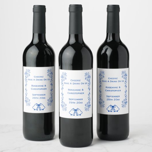 Wedding Wine Label Blue Sapphire Bells Scrollwork ワインラベル (ボトル)