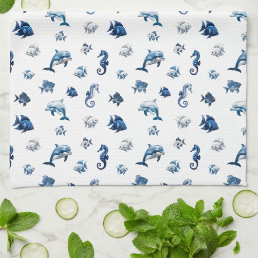 Wedgewood Blue Ocean Creatures! キッチンタオル (折り畳み)