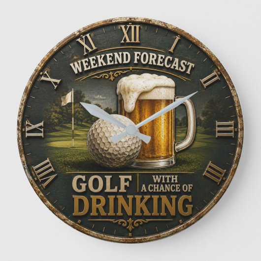 Weekend Forecast Golf Drinking Golfer Gift ラージ壁時計 (正面)