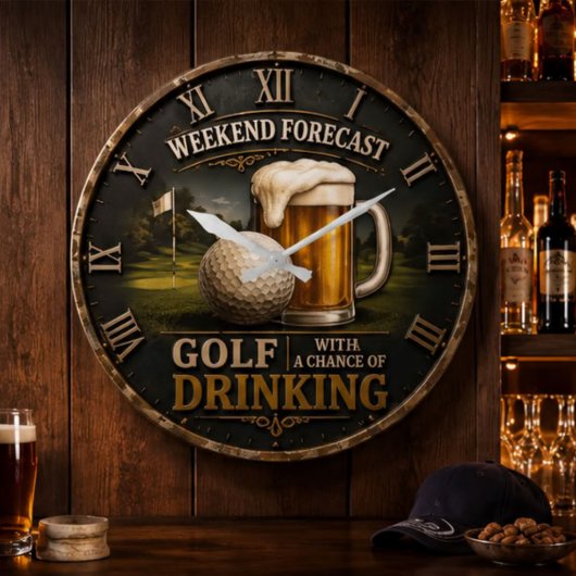 Weekend Forecast Golf Drinking Golfer Gift ラージ壁時計