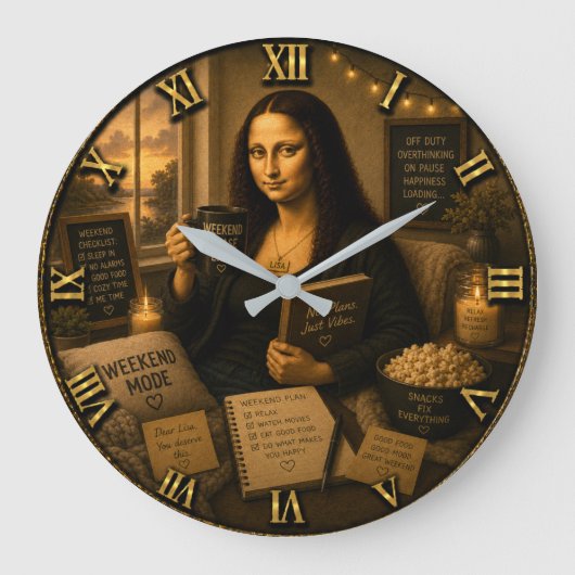 Weekend Mode Funny Mona Lisa Gift for Cozy Home ラージ壁時計 (正面)