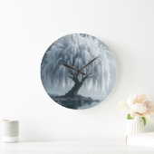 Weeping willow by a pond, black and white  ラージ壁時計 (ホーム)