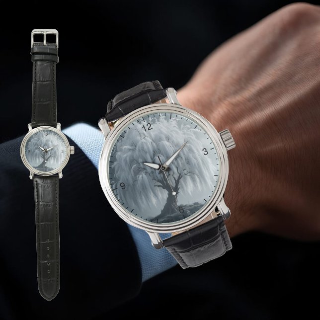 Weeping willow by a pond, black and white, custom  腕時計 (クリエイターアップロード済み)