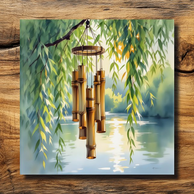 Weeping Willow, Windchimes and Lake メタルプリント (クリエイターアップロード済み)