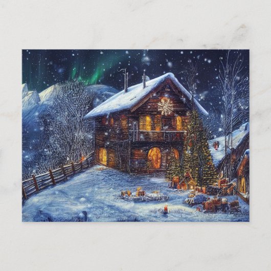 Weihnachten in den Bergen. Almhütte mit Polarlicht ポストカード (正面)