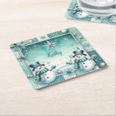  Weihnachten: Schneemänner türkise スクエアペーパーコースター (アングル)