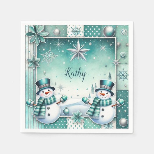  Weihnachten: Schneemänner türkise スタンダードカクテルナプキン (正面)