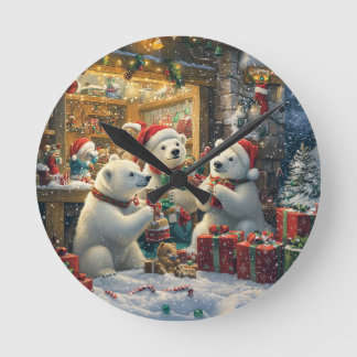 Weihnachtliche Eisbärenfamilie beim Geschenkeauspa ラウンド壁時計