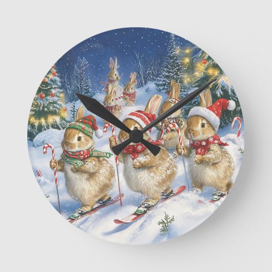 Weihnachtliche Hasen beim Skifahren im Winterwald ラウンド壁時計 (正面)