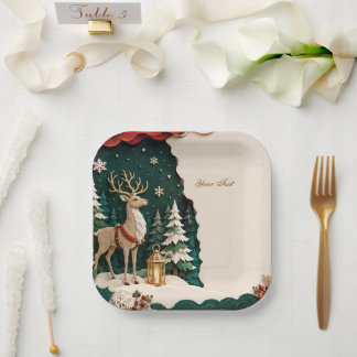Weihnachtlicher Rentier Wald Rahmen ペーパープレート