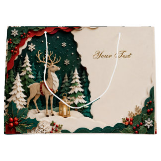 Weihnachtlicher Rentier Wald Rahmen ラージペーパーバッグ