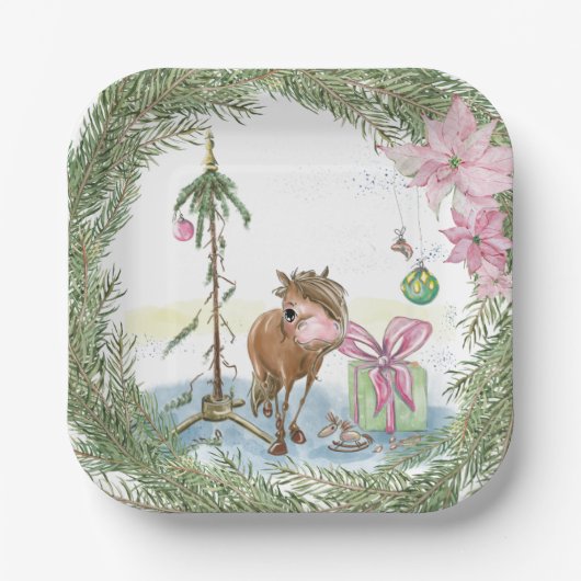 Weihnachts-Pappteller mit süssem Ponybild ペーパープレート (正面)