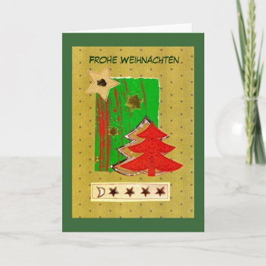 Weihnachtsbaum und Sterne modern in Rot-Gold-Grün シーズンカード (正面)